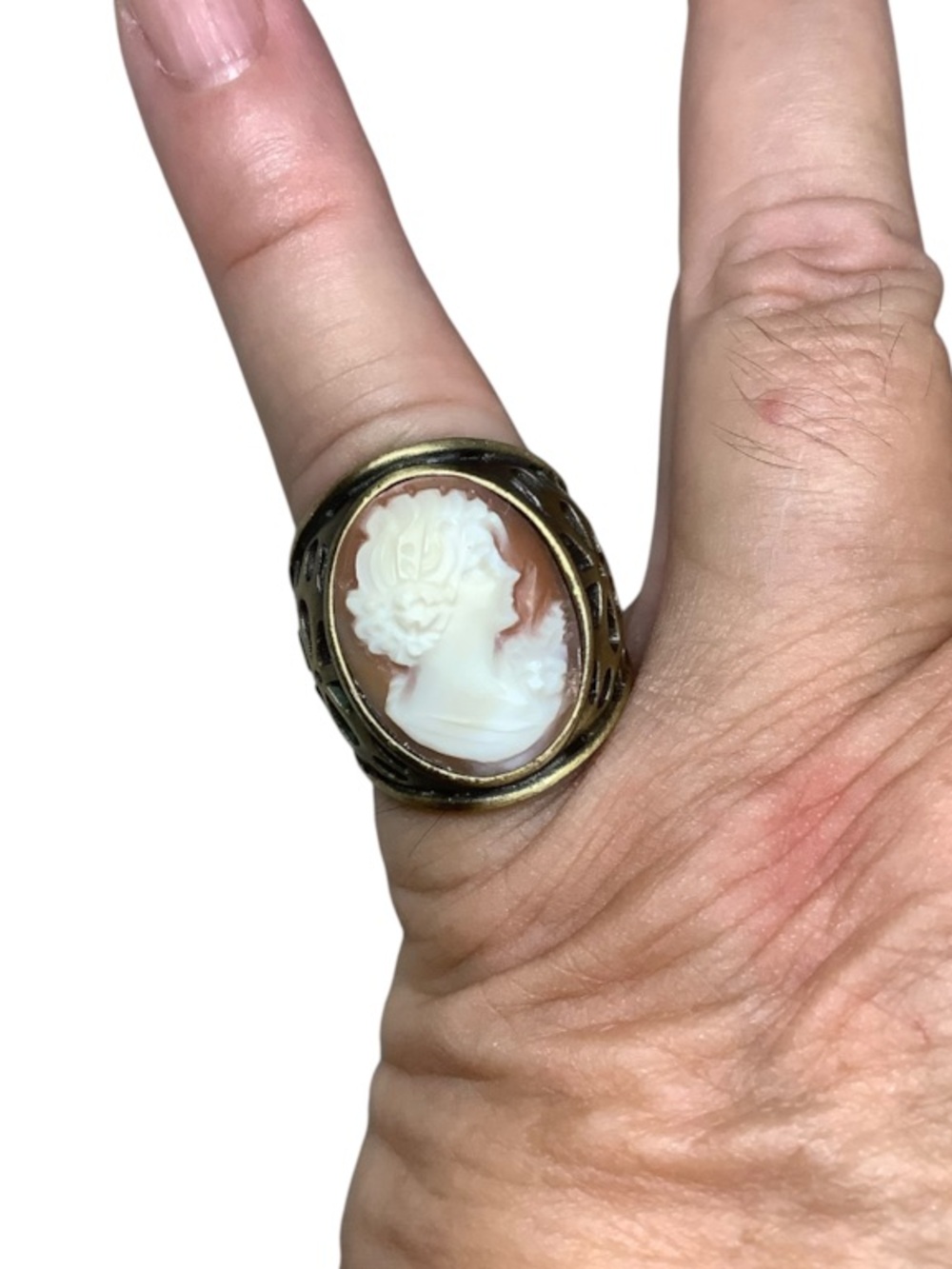 Amedeo hand carved Cameo gold tone Ring